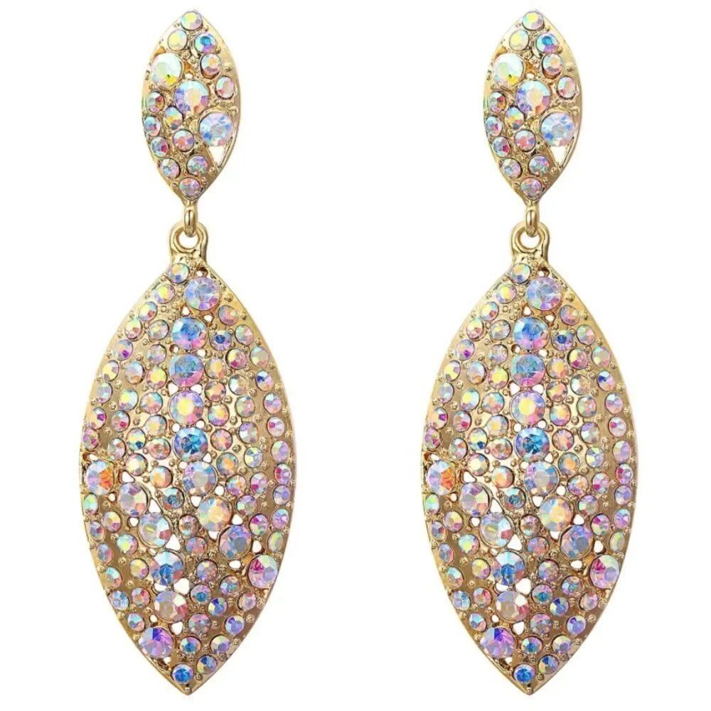 Yellow Gold with Iridescent AB Crystal Double Leaf Chandelier Post Back Earrings